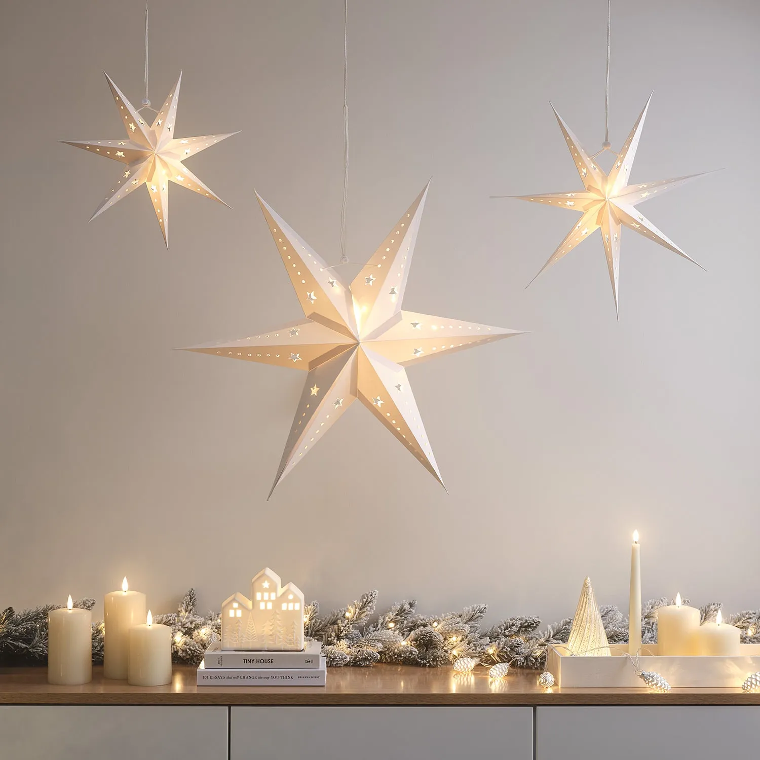 3-Piece Star Decoration Set - Warm White, Paper