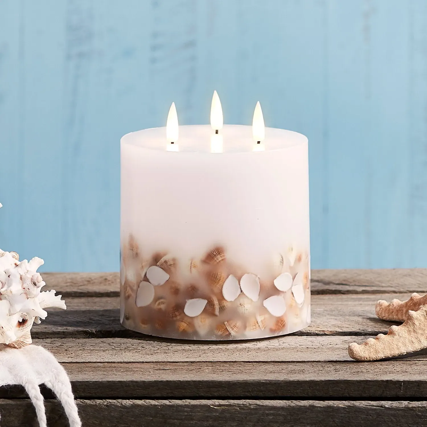 3-Wick LED Candle with Shells - Warm White, Wax