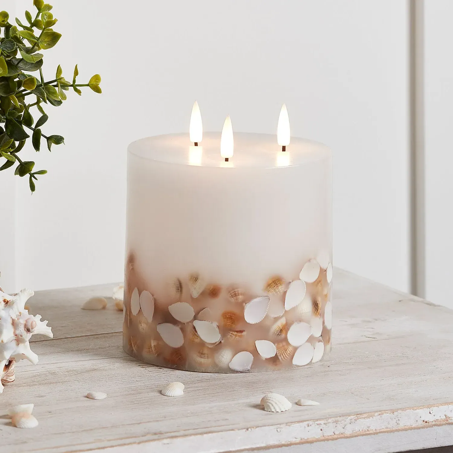 3-Wick LED Candle with Shells - Warm White, Wax image