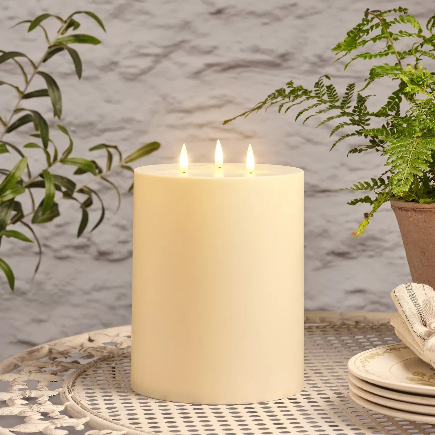 3-Wick Solar LED Candle 20cm - Ivory, Plastic
