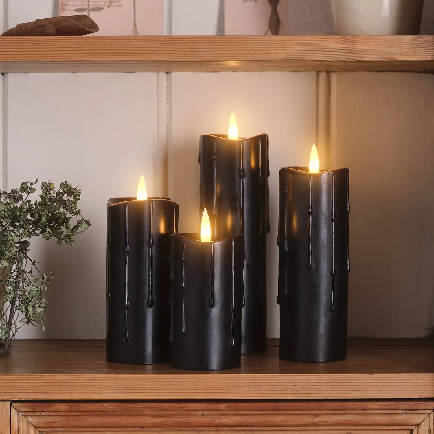 4-Piece LED Pillar Candles - Black, Wax