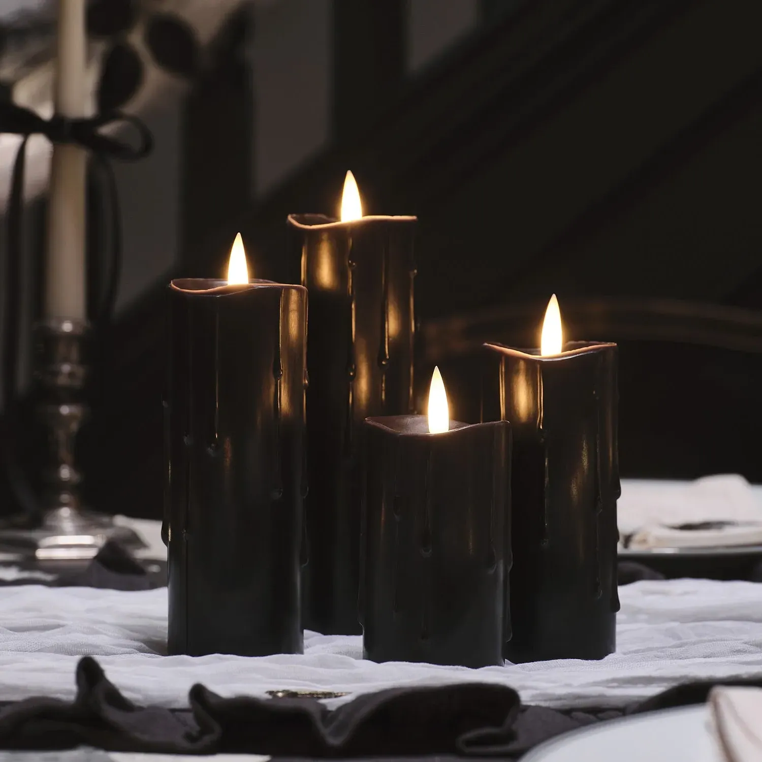 4-Piece LED Pillar Candles - Black, Wax image