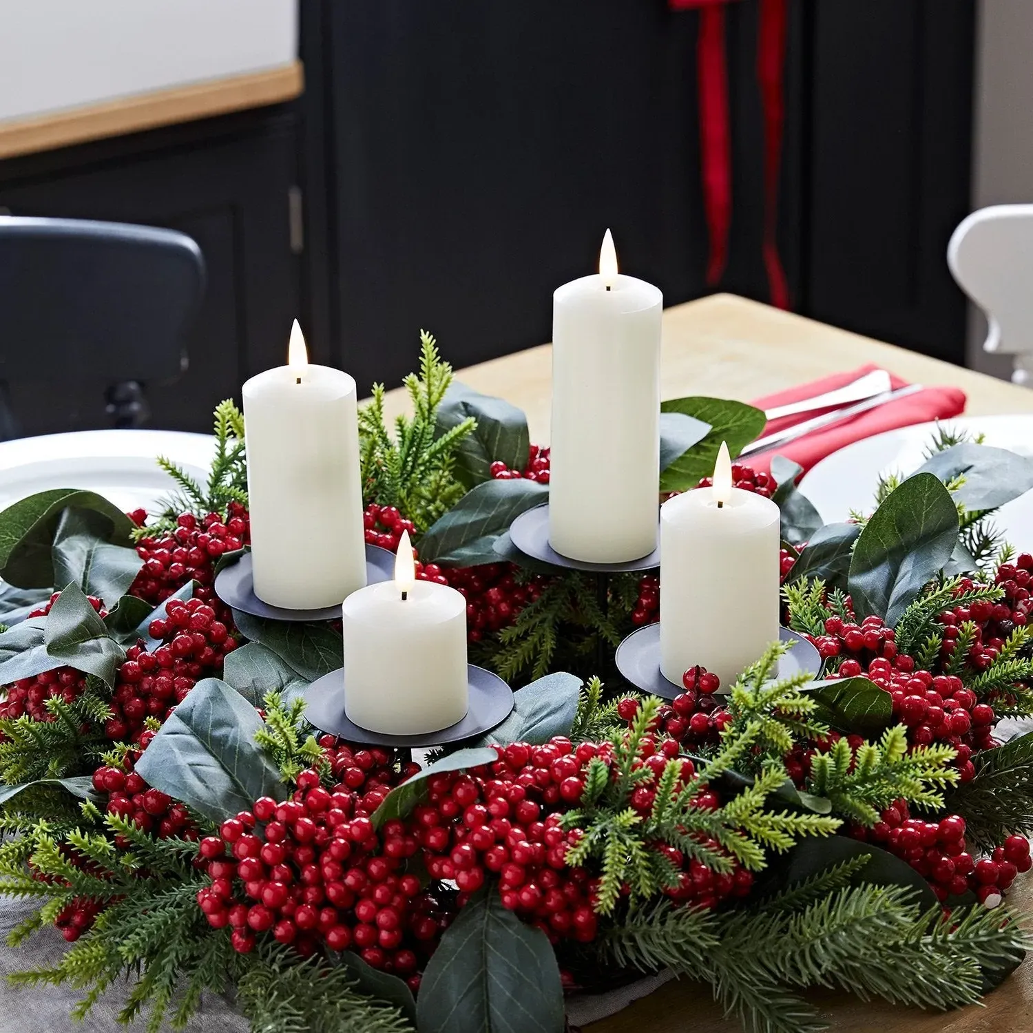 4-Piece Slim LED Candle Set with Holder - Ivory, Wax