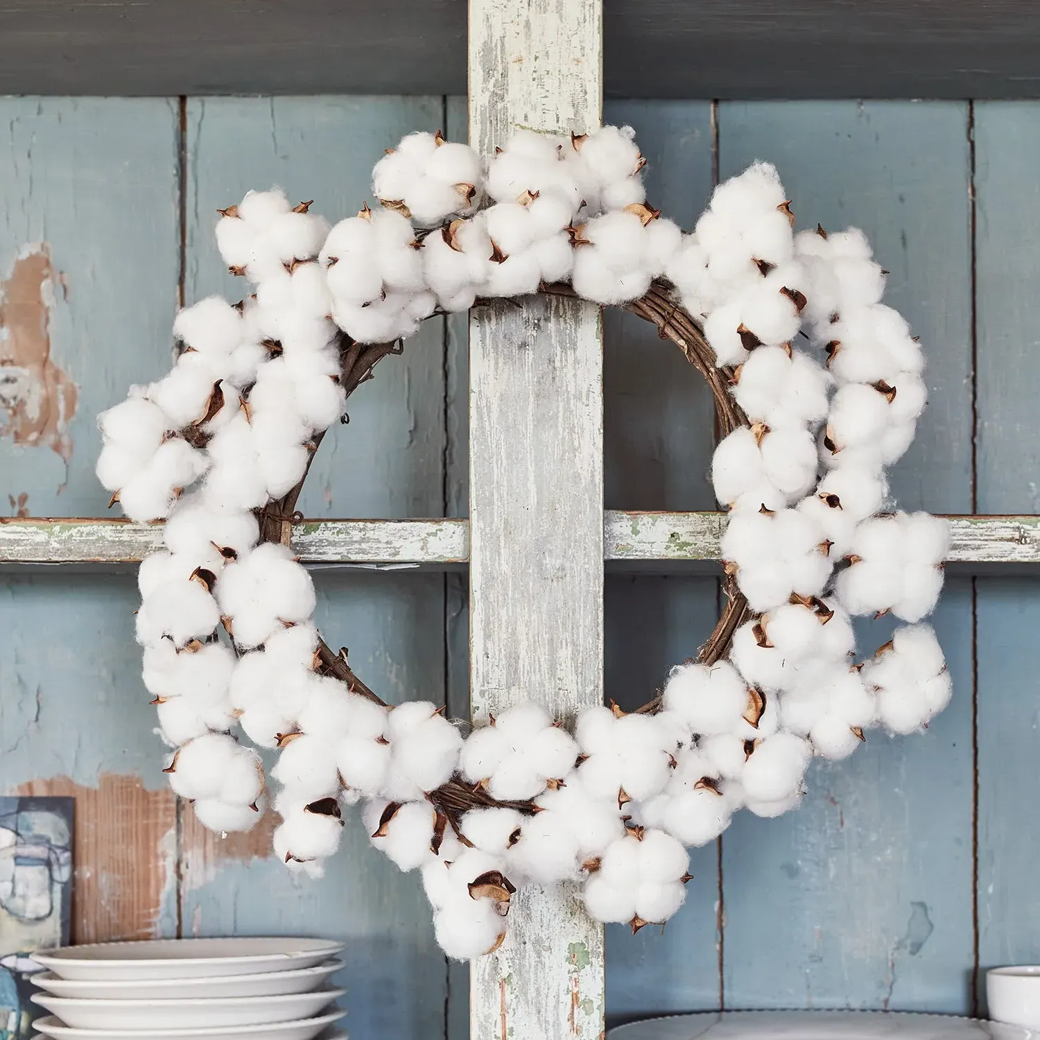 45cm Cotton Flower Wreath - White, Cotton image