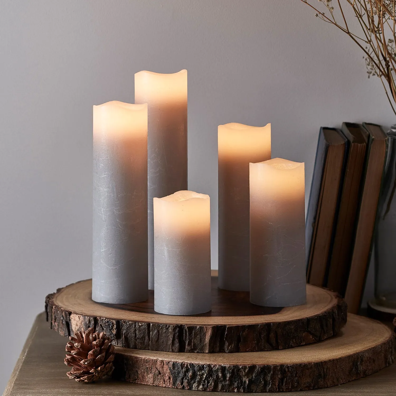 5-Piece LED Pillar Candle Set - Grey, Real Wax