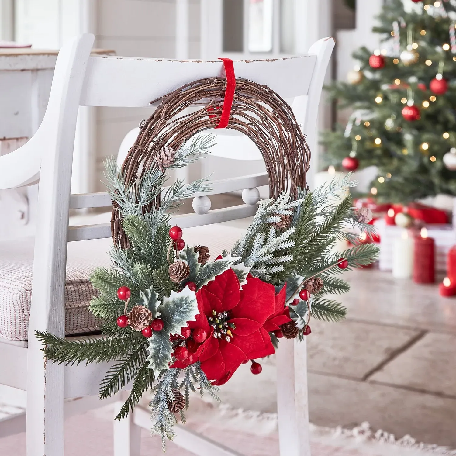 60cm Christmas Wreath with Poinsettia - Red