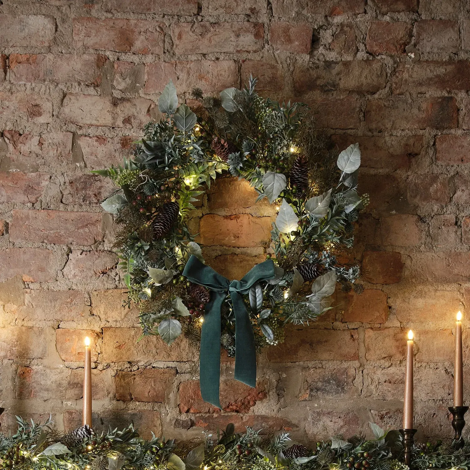 60cm Pre-Lit Autumn Wreath - Green, Mixed Foliage image