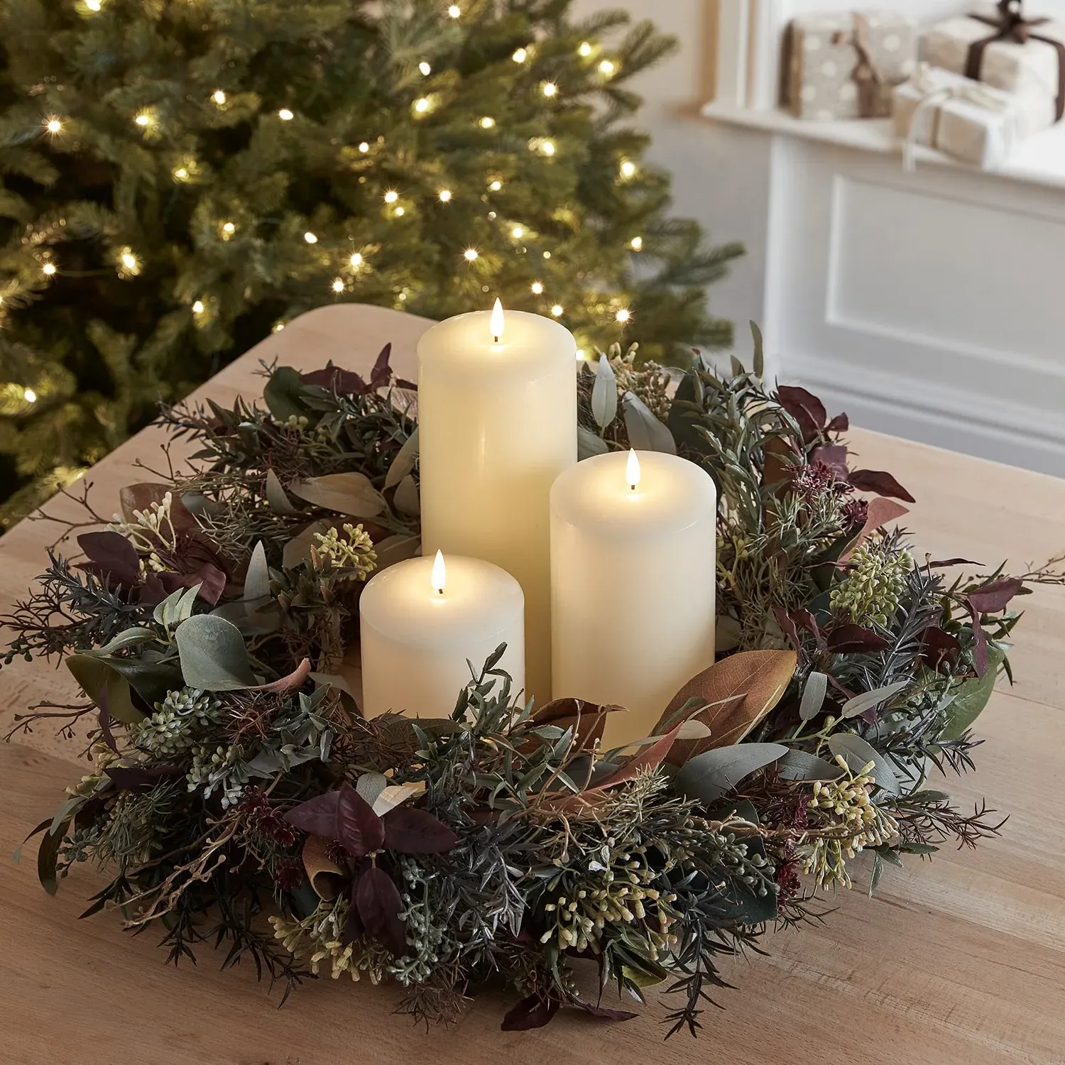 60cm Pre-Lit Wreath & LED Candle Bundle - Multi