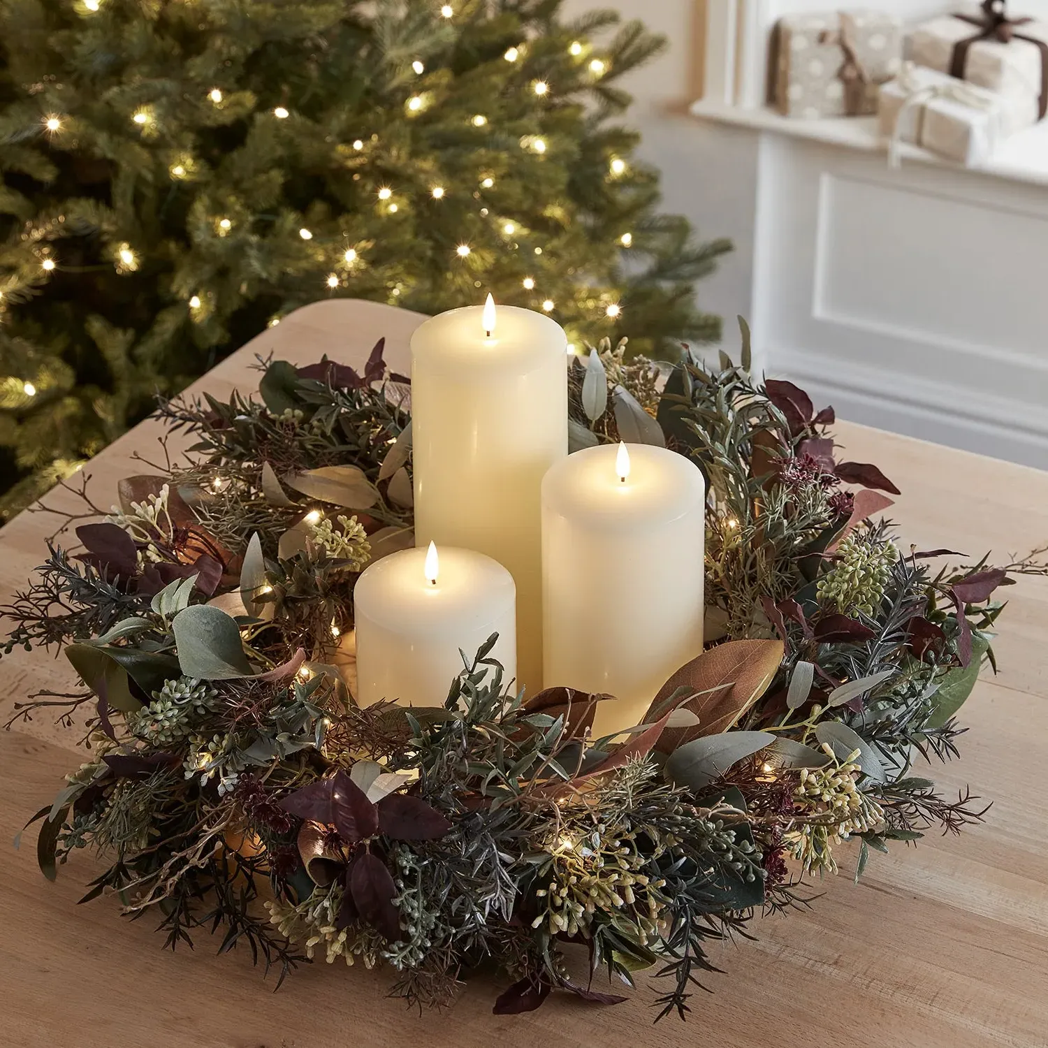 60cm Pre-Lit Wreath & LED Candle Bundle - Multi image