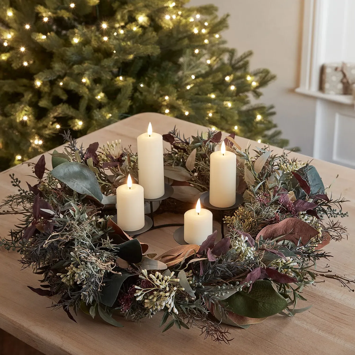 60cm Pre-Lit Wreath with LED Candles - Warm White
