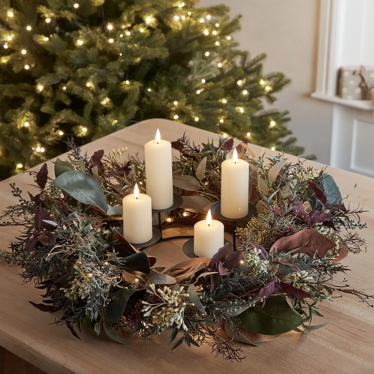 60cm Pre-Lit Wreath with LED Candles - Warm White image
