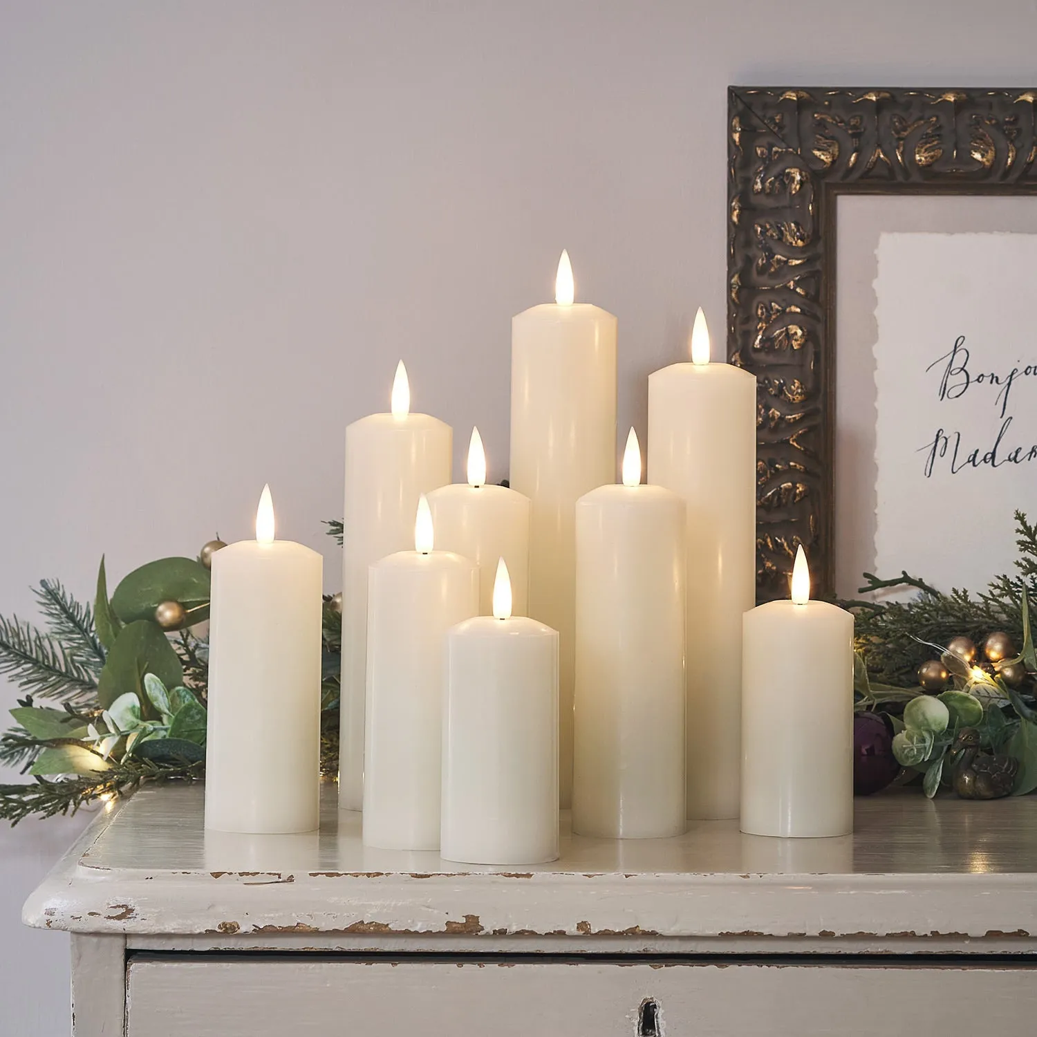 9-Piece LED Pillar Candle Set - Ivory, Real Wax