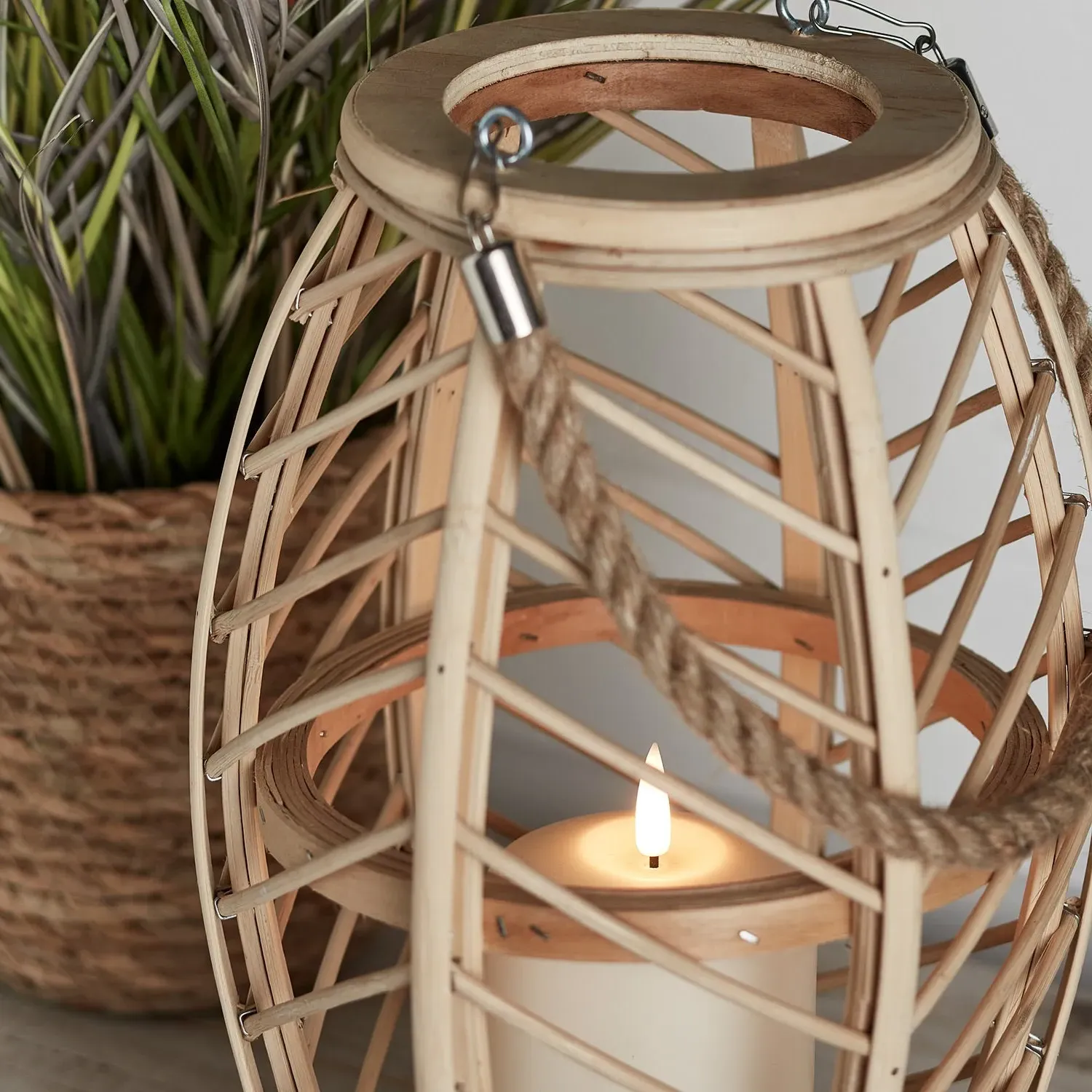 Bamboo Candle Lantern with Handle - Warm White