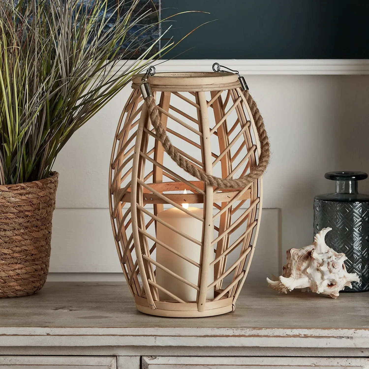 Bamboo Candle Lantern with Handle - Warm White image