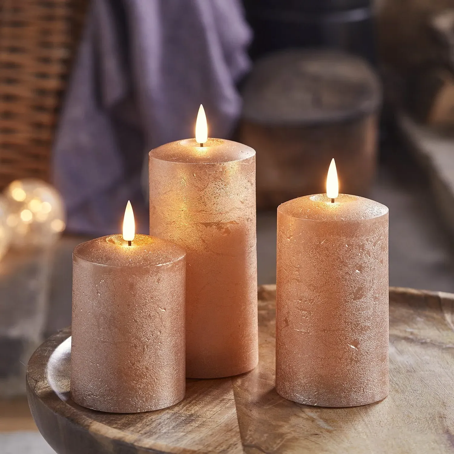 Copper LED Autumn Candle Trio - Warm White, Wax