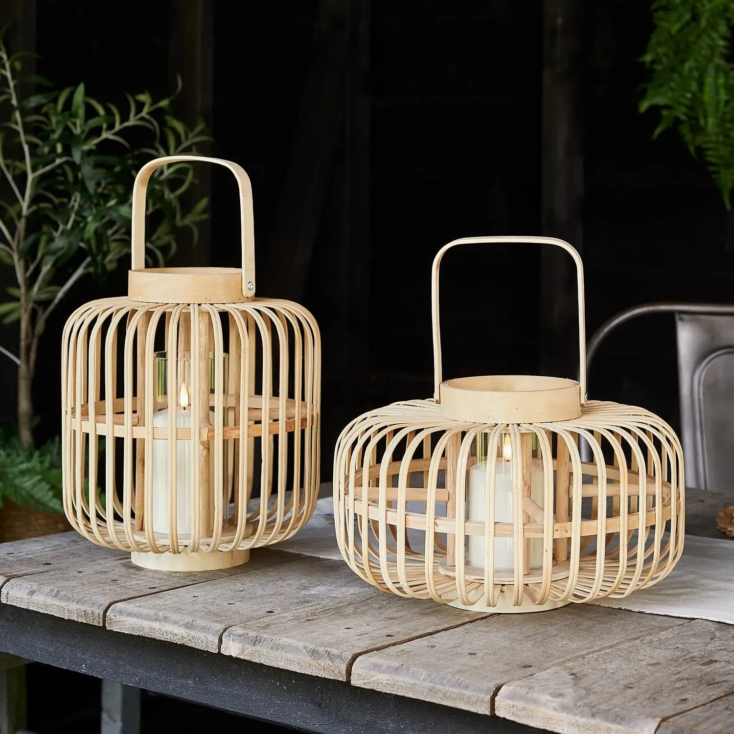 Garden Lantern Duo with LED Candles - Warm White, Bamboo