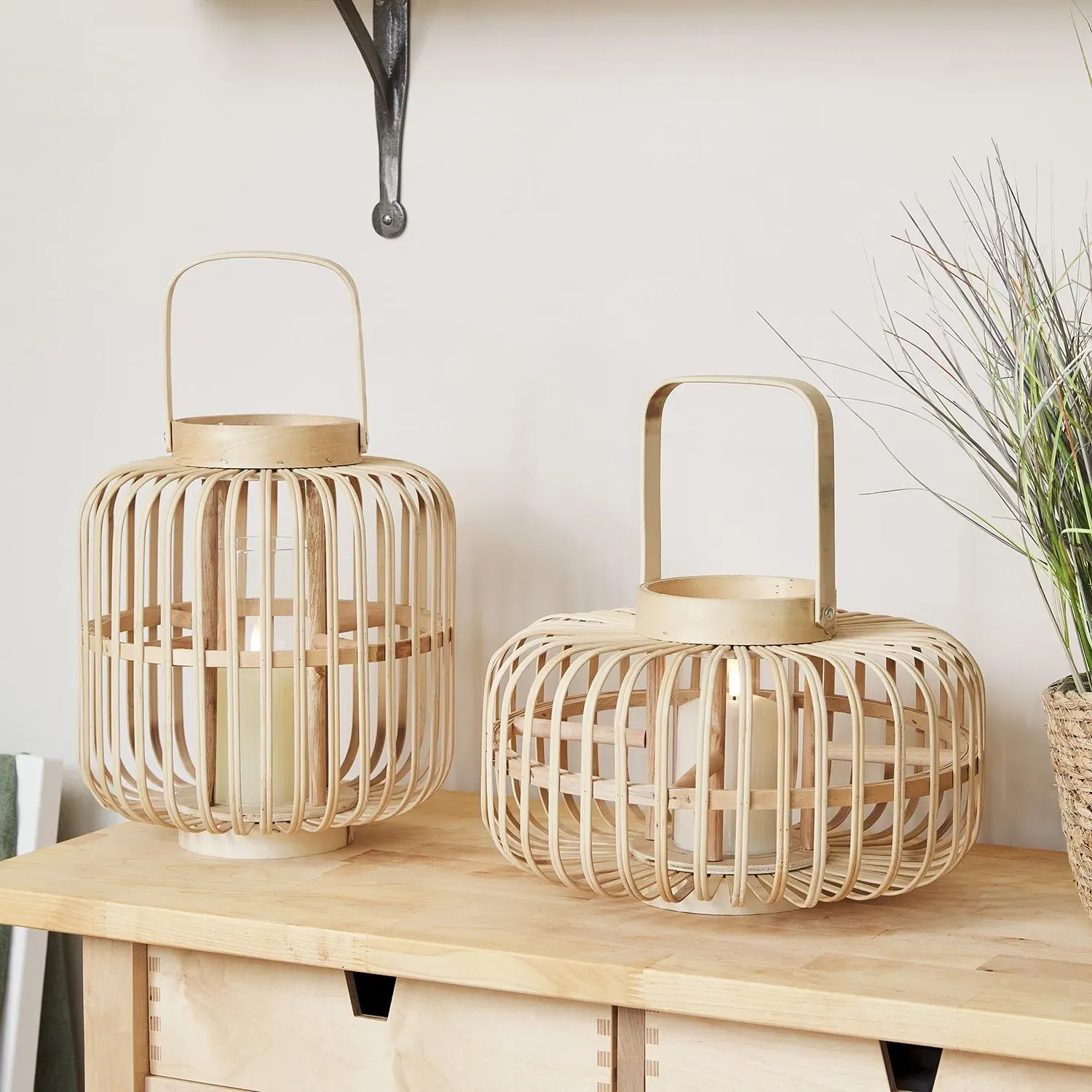 Garden Lantern Duo with LED Candles - Warm White, Bamboo