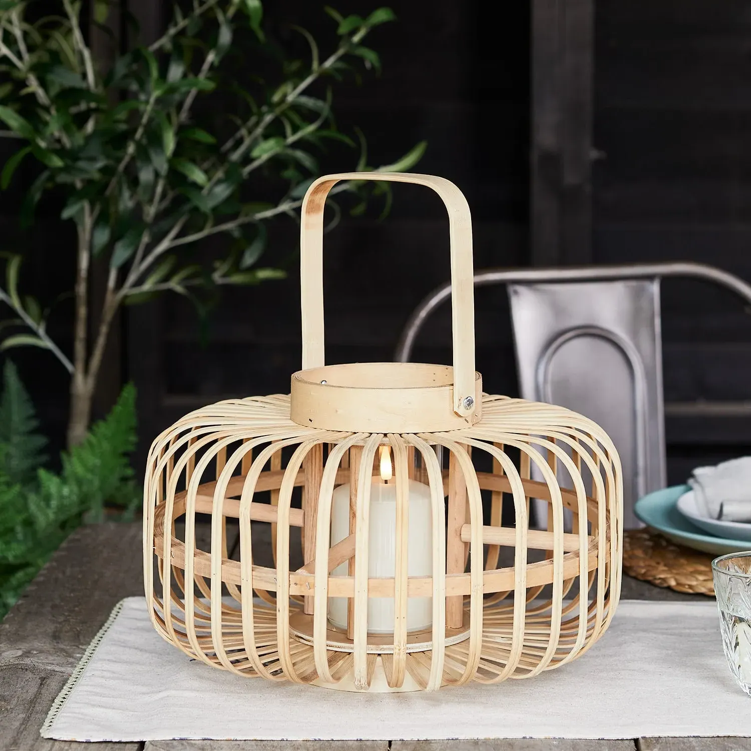 Garden Lantern with LED Candle - Warm White, Bamboo