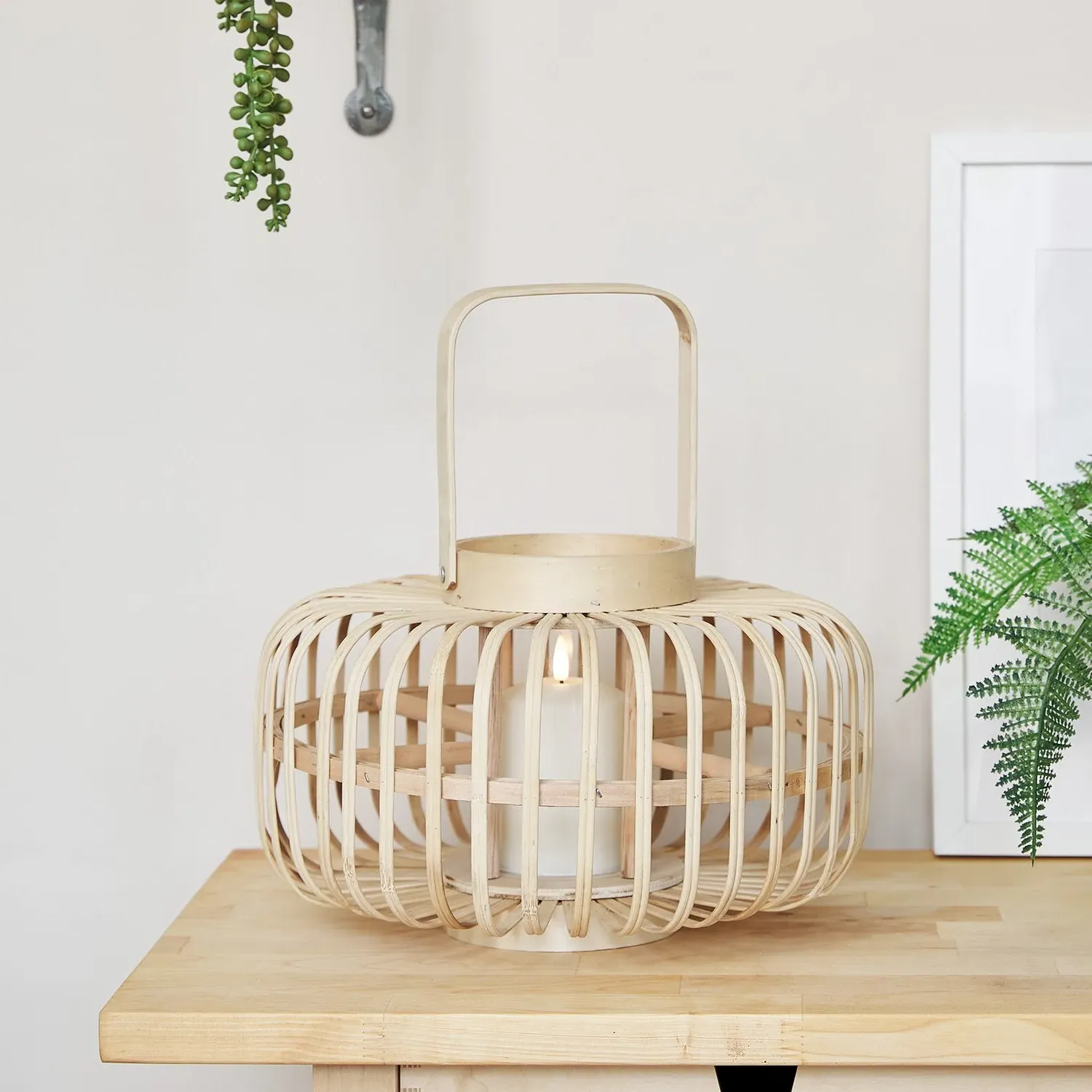 Garden Lantern with LED Candle - Warm White, Bamboo
