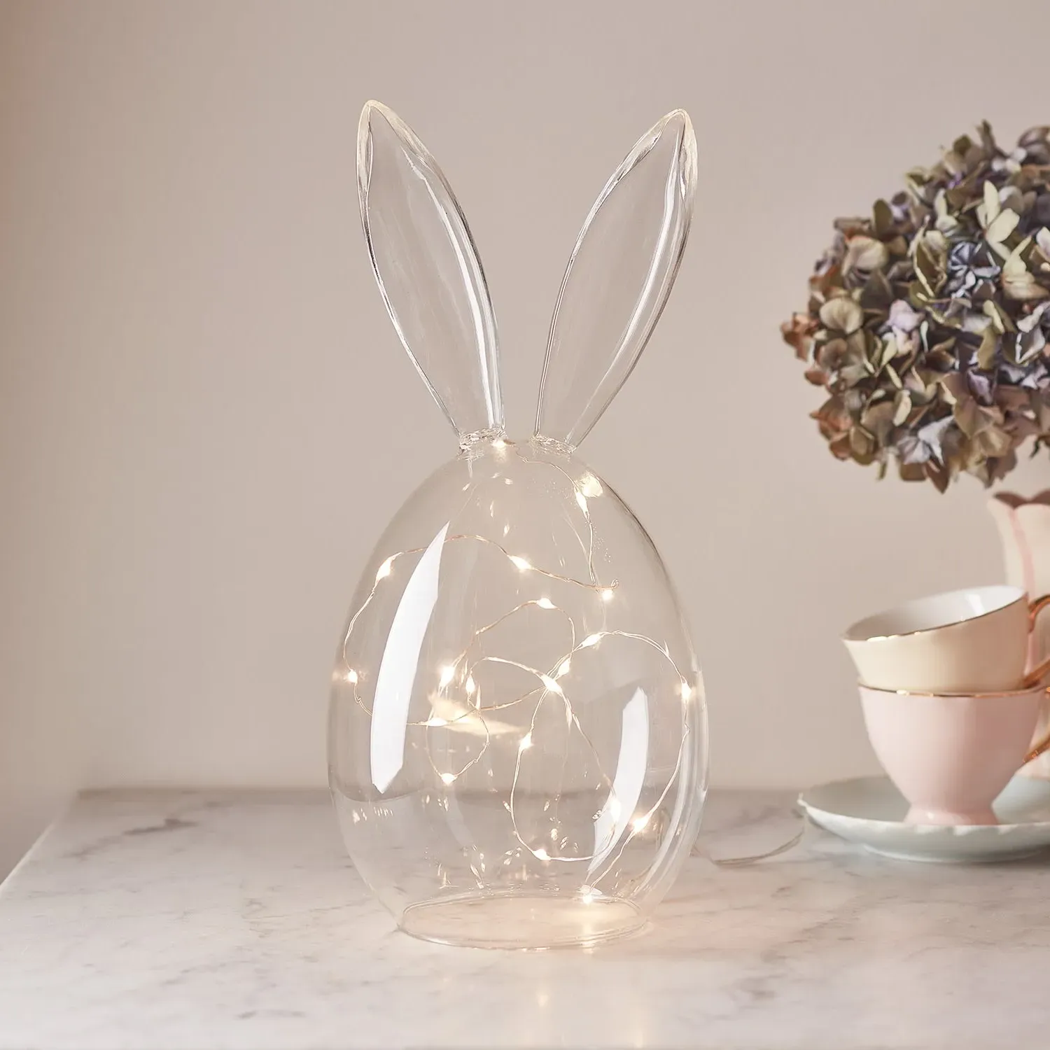Glass Bunny Dome with Fairy Lights - Clear Glass