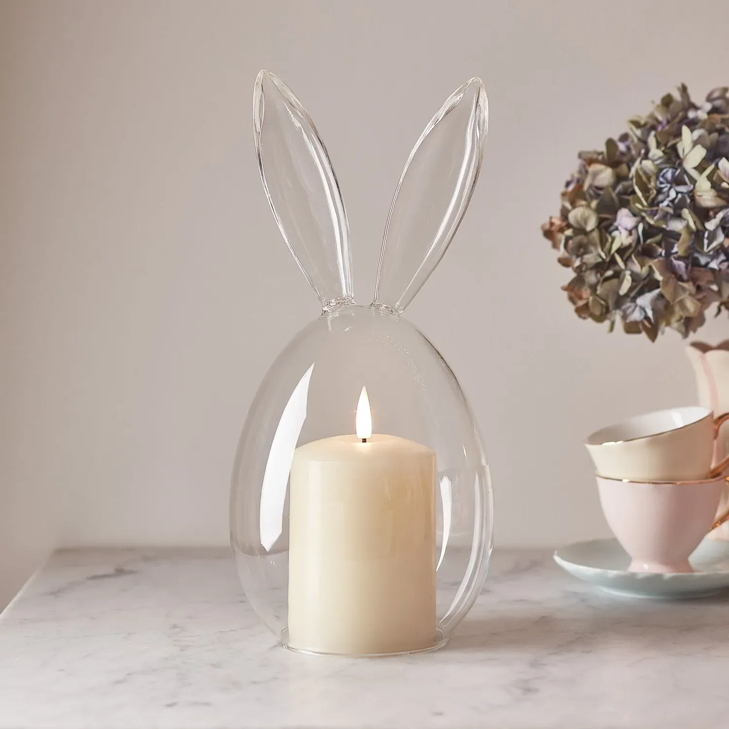 Glass Bunny Dome with LED Candle - Clear Glass