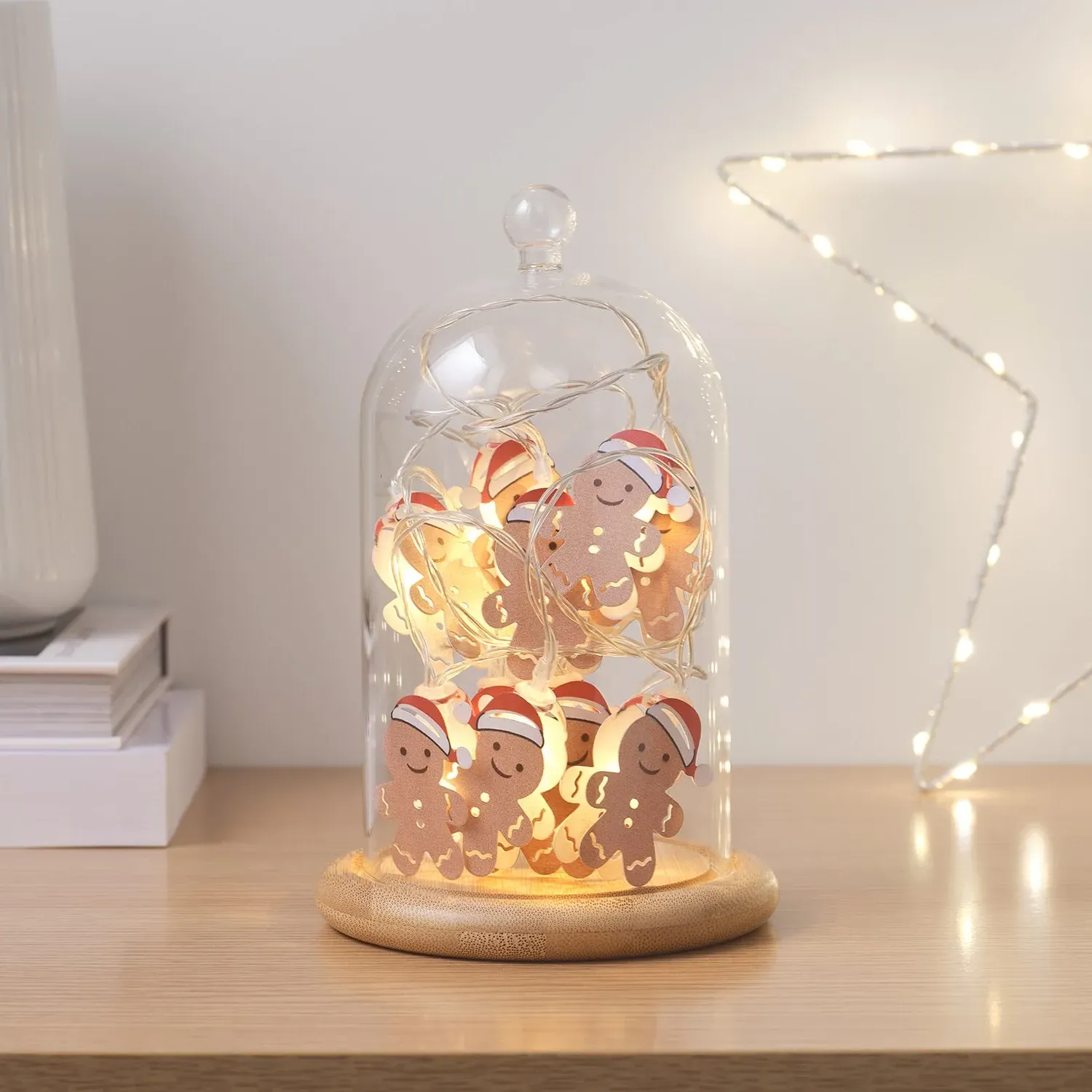 Glass Dome with Gingerbread LED String Lights