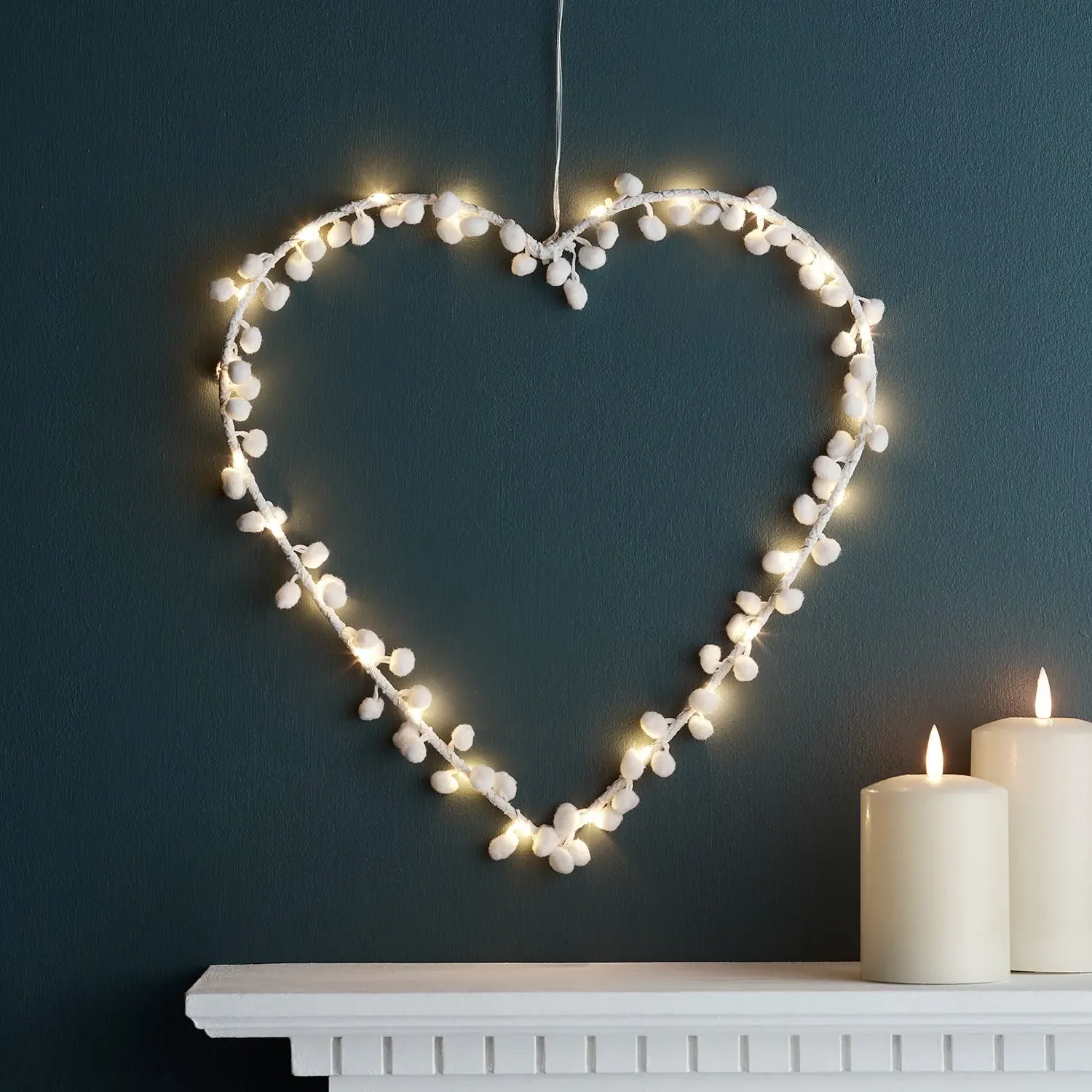 Heart Light with Pom Pom Detail - White, Metal