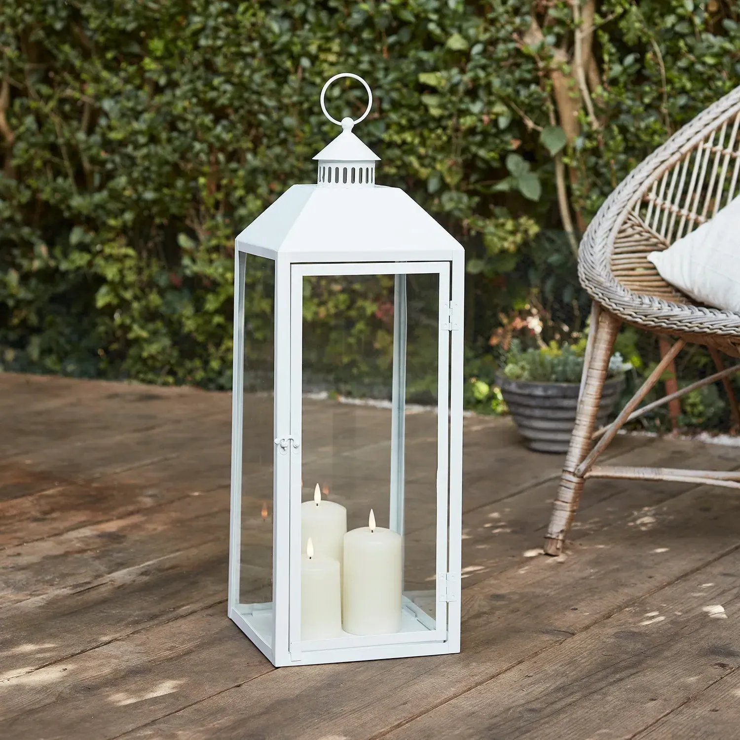 Large Garden Lantern with 3 Candles - White, Metal