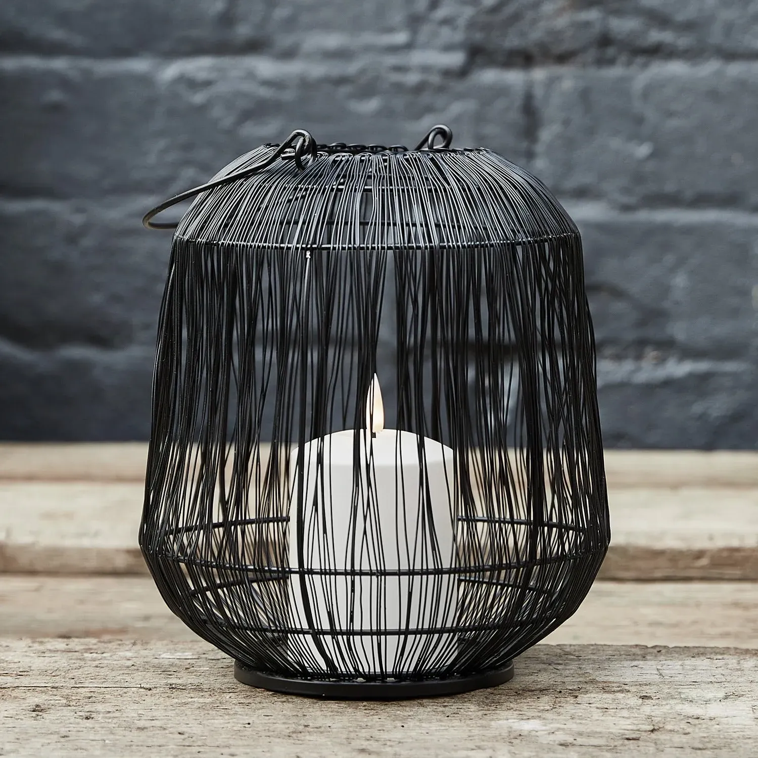 Large Garden Lantern with Candle - Black, Wire image