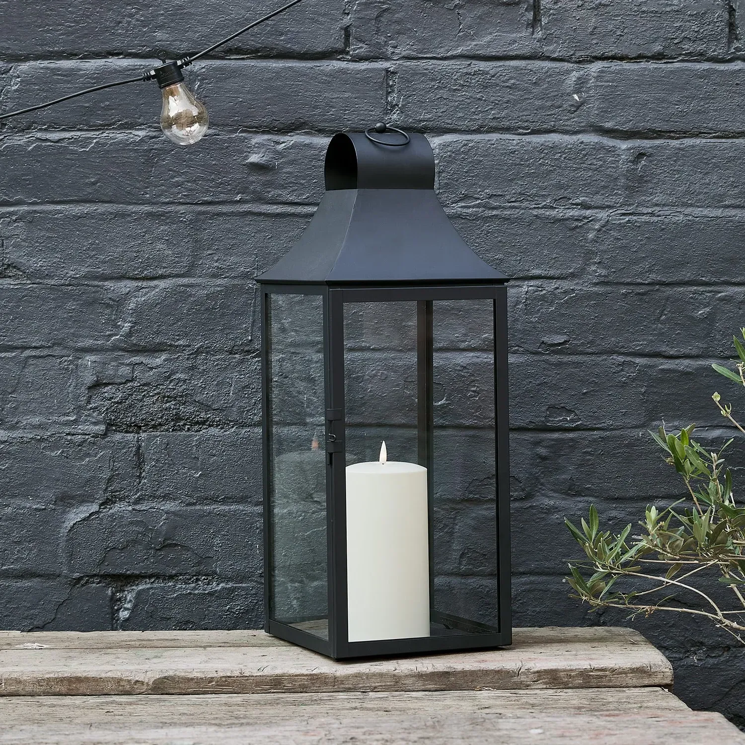 Large Garden Lantern with LED Candle - Black
