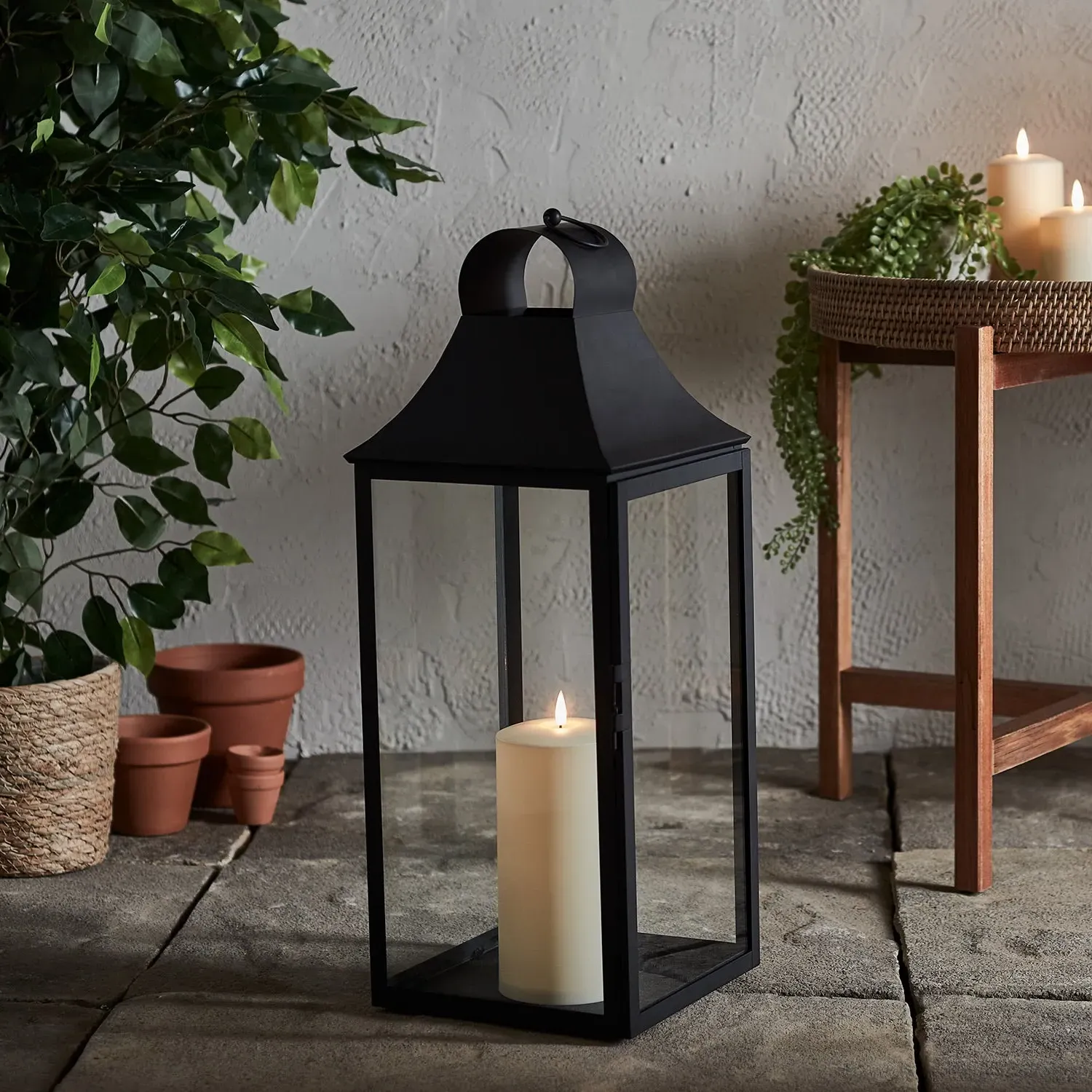 Large Garden Lantern with LED Candle - Black