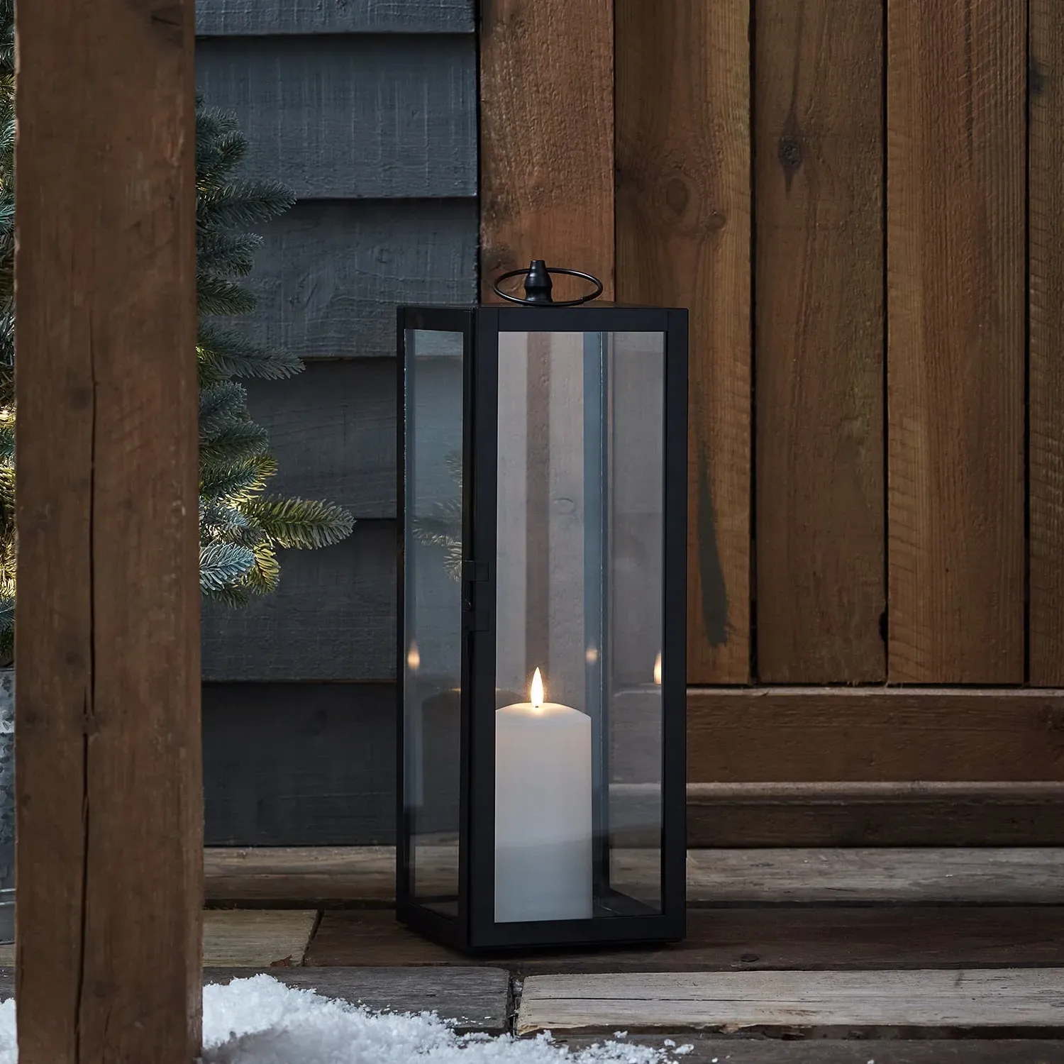 Large Garden Lantern with LED Candle - Black