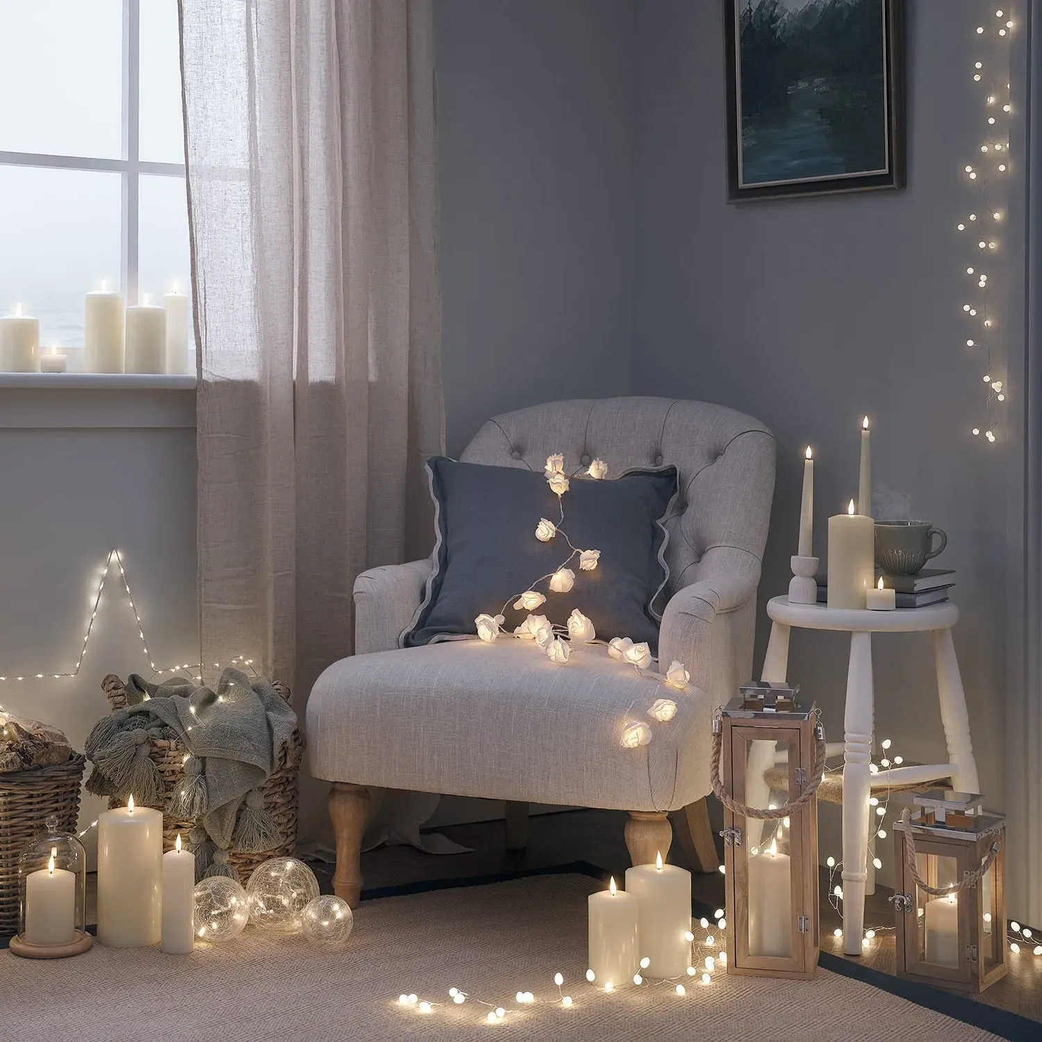 Large Lantern with LED Candle - Warm White, Wood