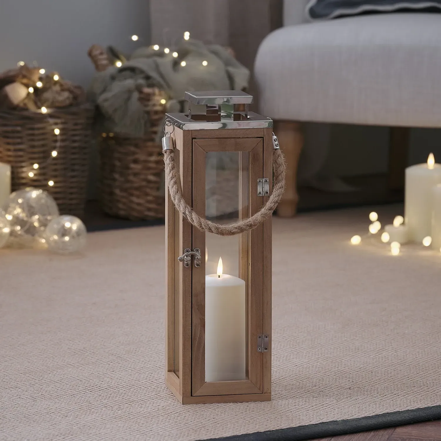 Large Lantern with LED Candle - Warm White, Wood
