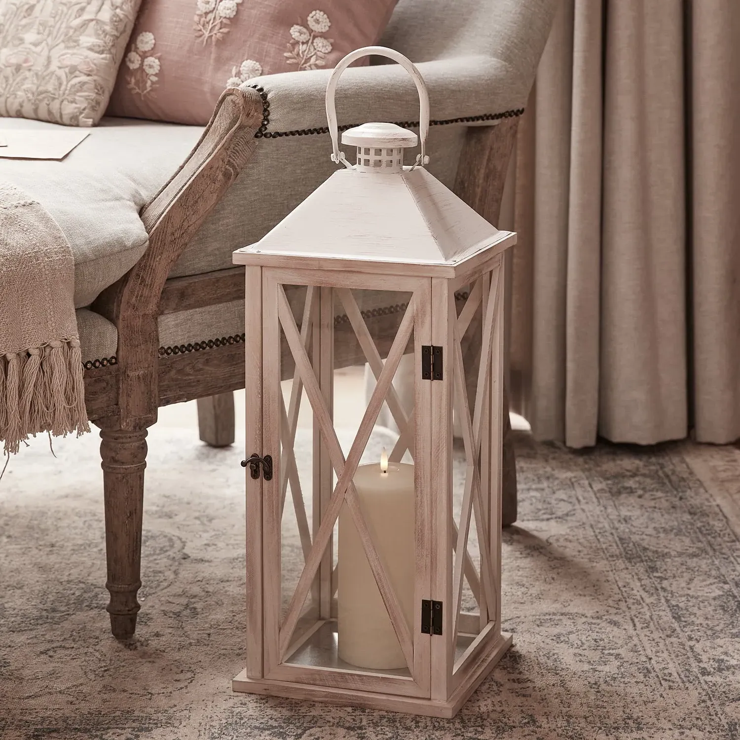 Large Wooden Lantern with LED Candle - Natural