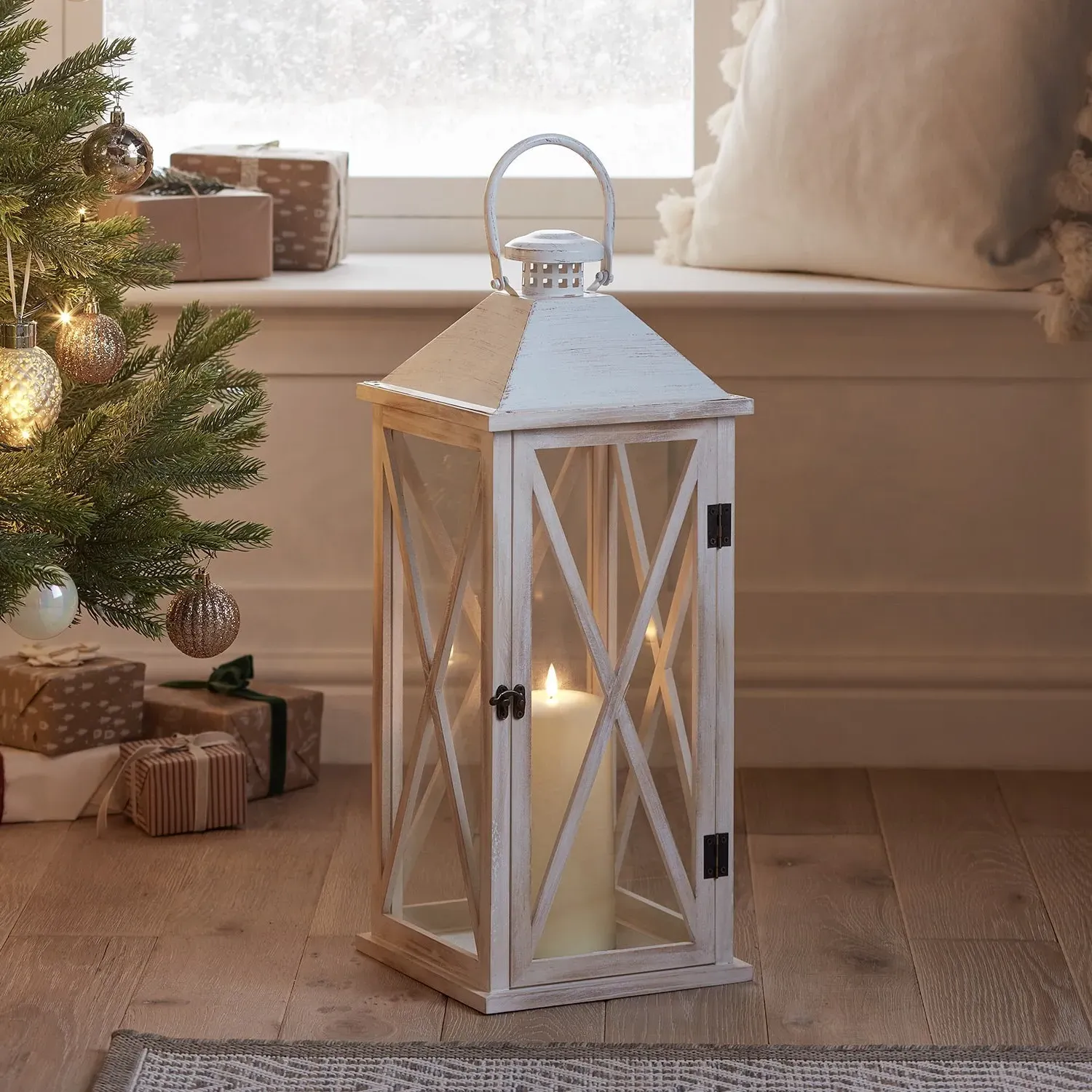Large Wooden Lantern with LED Candle - Natural image