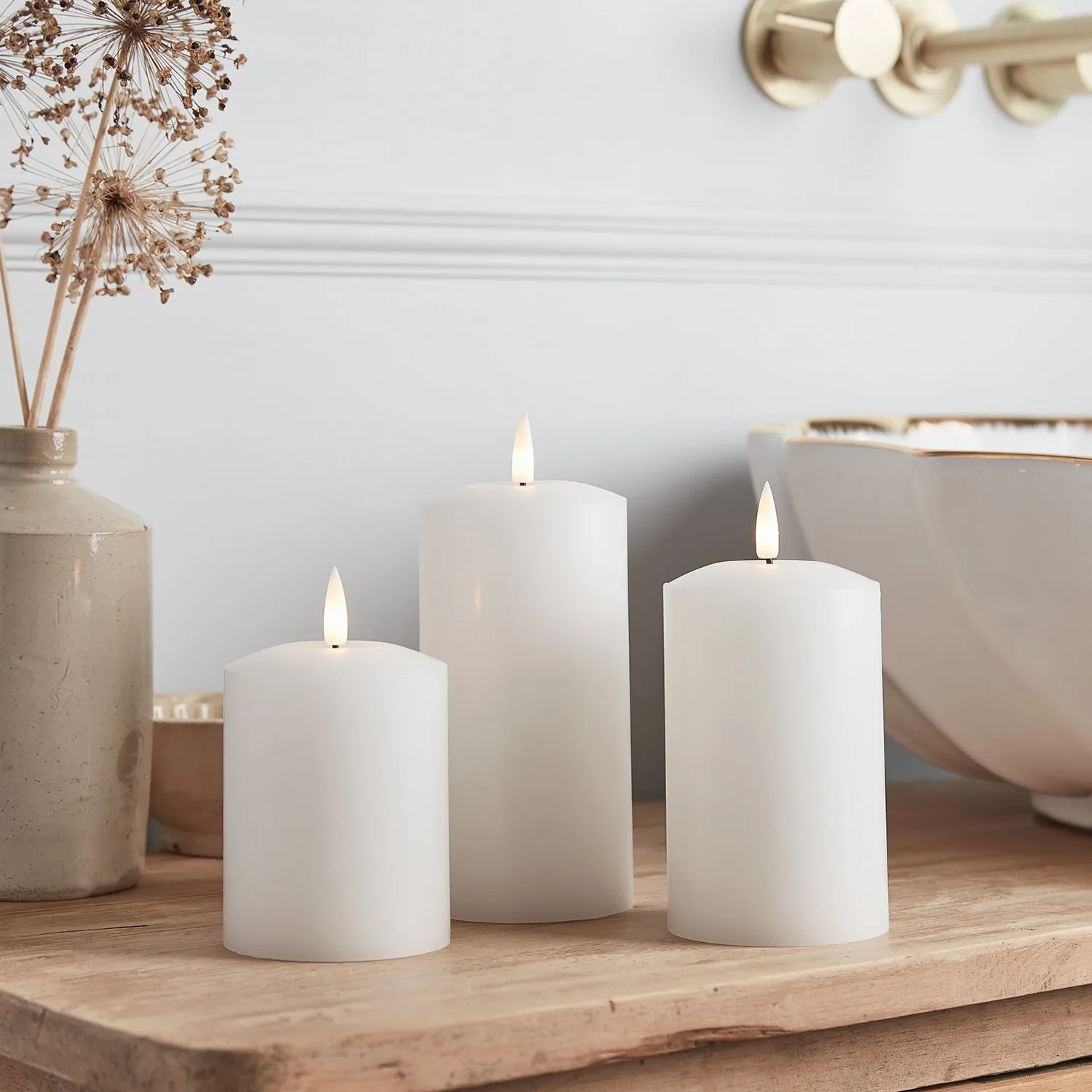LED Pillar Candle Set with Remote - White, Wax