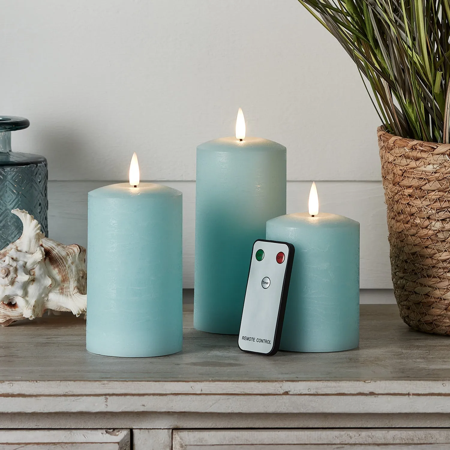 LED Pillar Candle Trio with Remote - Blue, Wax