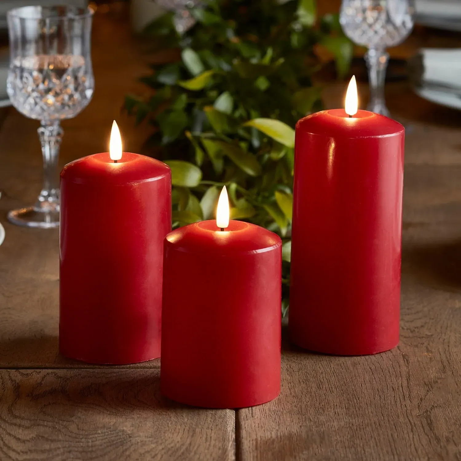 LED Pillar Candle Trio with Timer - Red, Wax