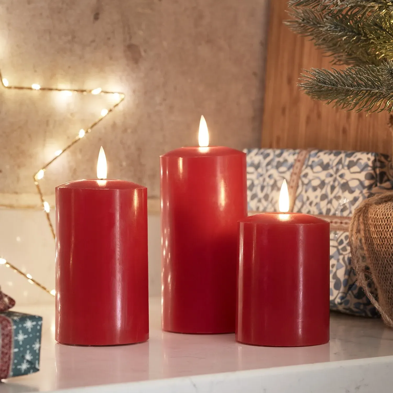 LED Pillar Candle Trio with Timer - Red, Wax image