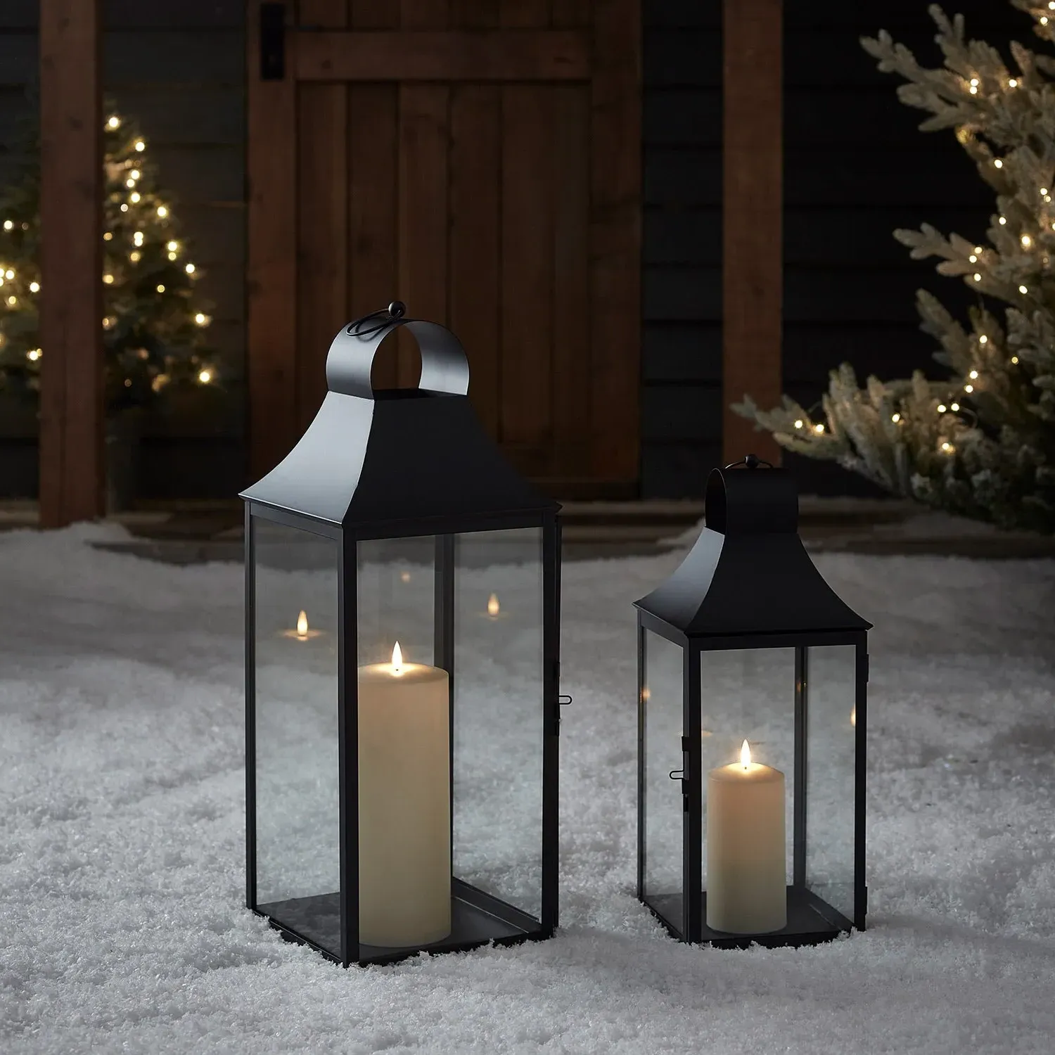 Medium Garden Lantern with LED Candle - Black