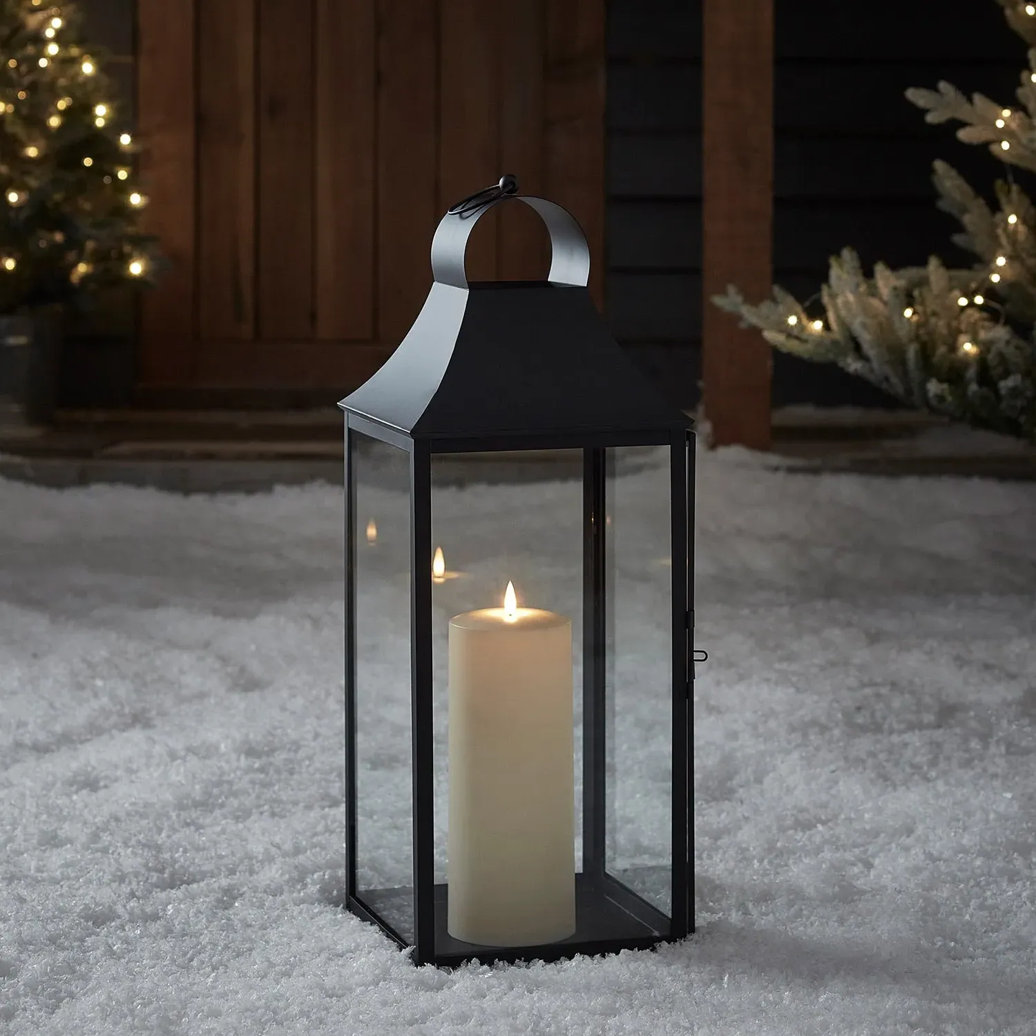 Medium Garden Lantern with LED Candle - Black