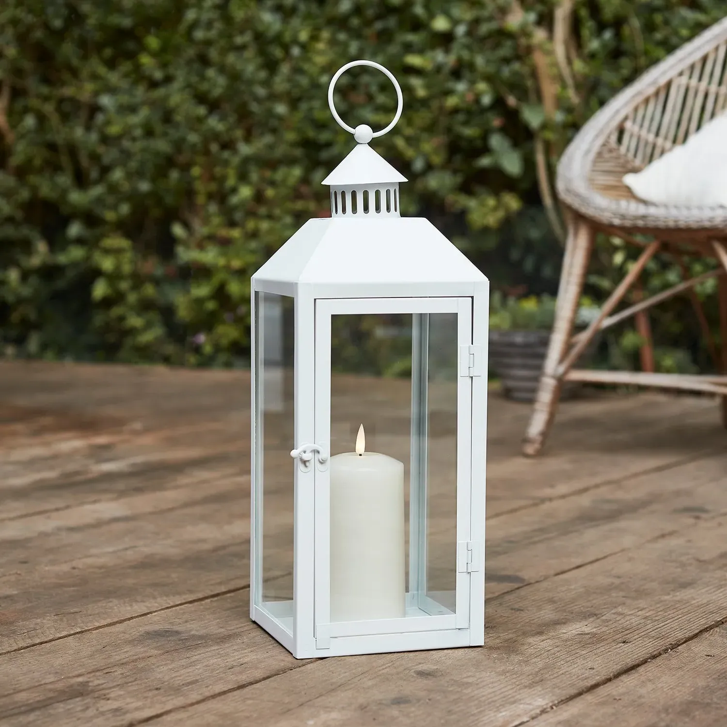 Medium Garden Lantern with Remote - White, Metal