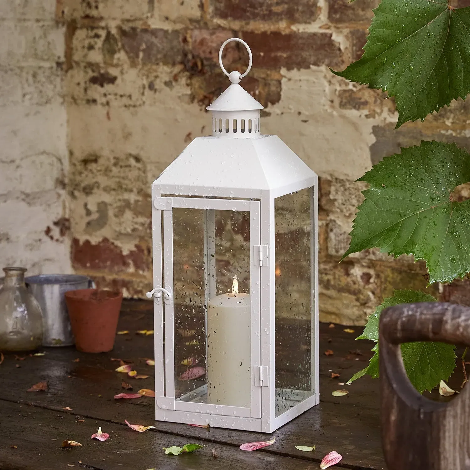 Medium Garden Lantern with Remote - White, Metal