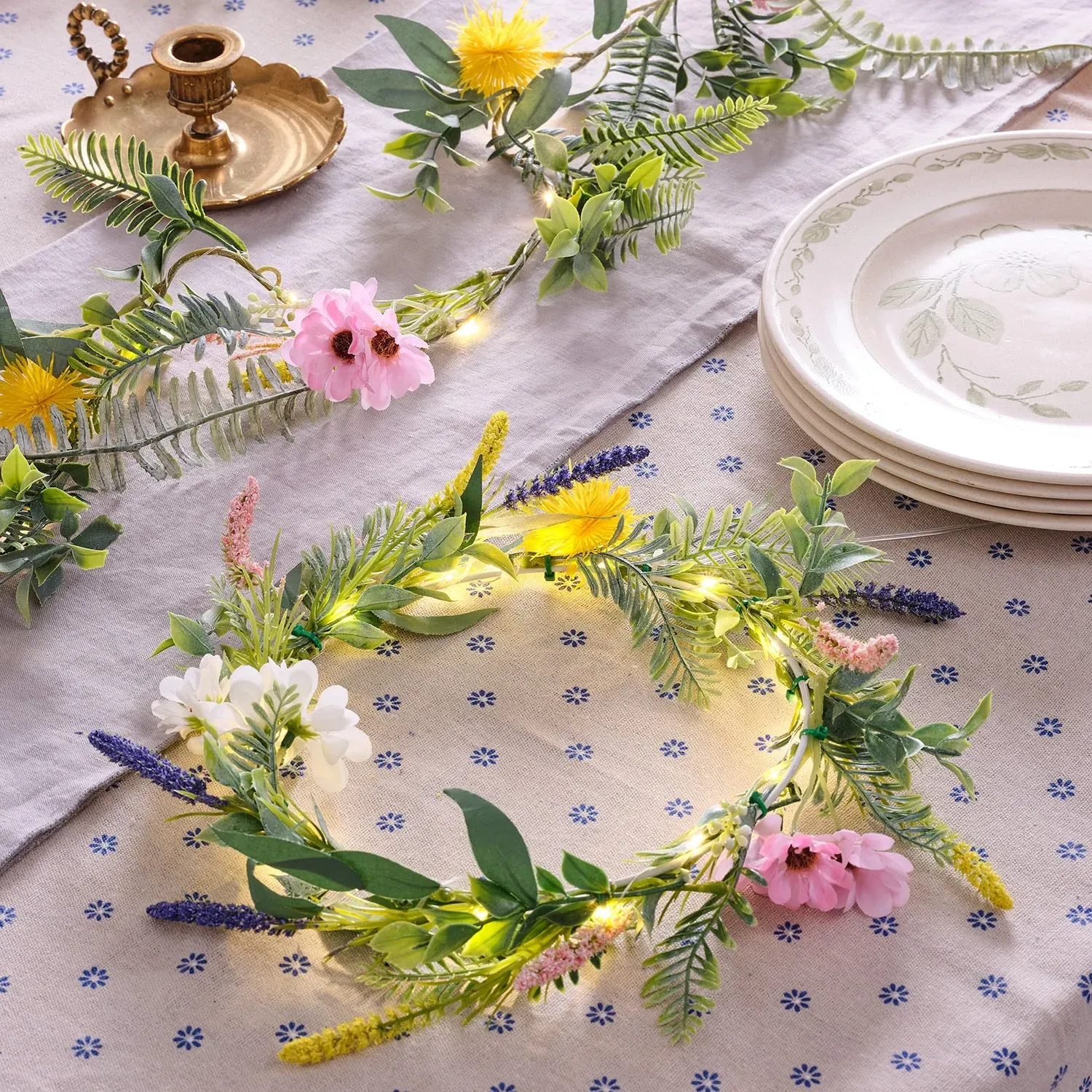 Pre-Lit Spring Flower Wreath & Garland Set