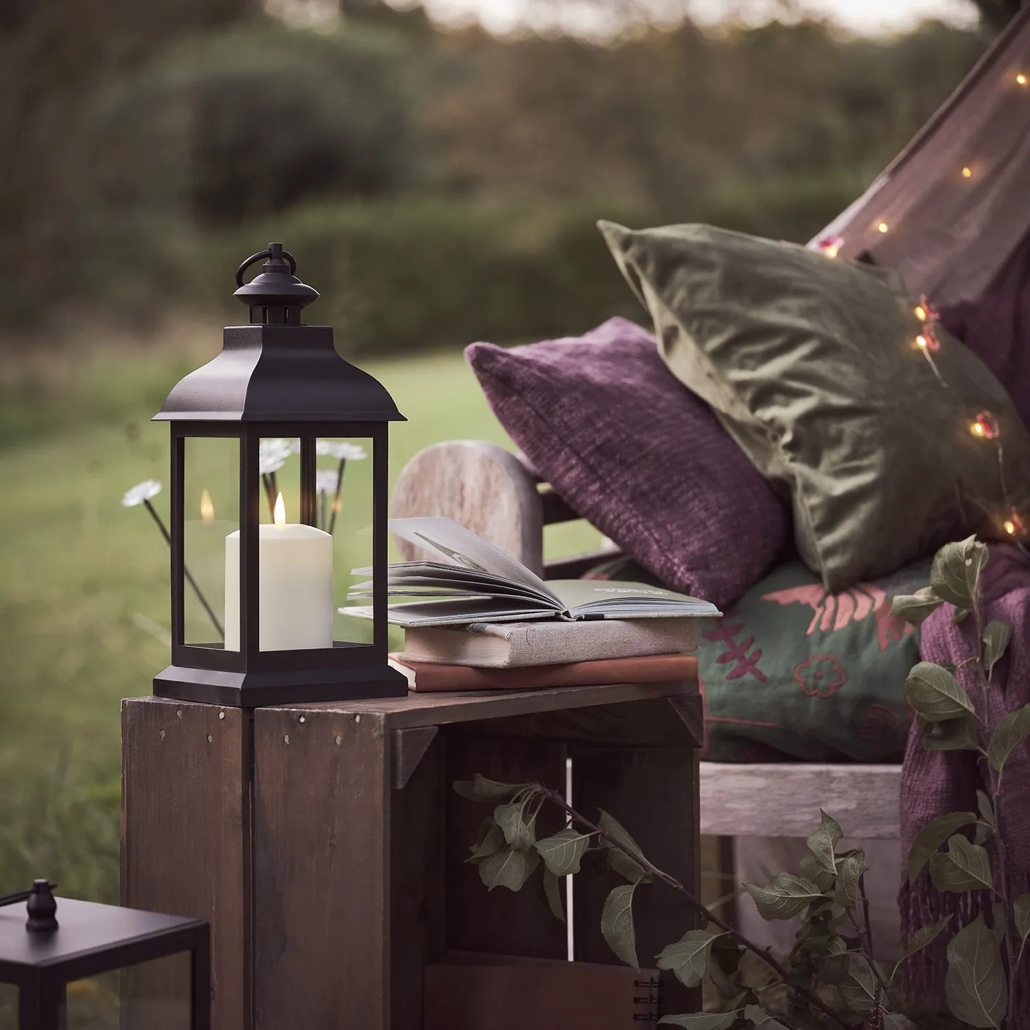 Rustic Lantern with LED Candle - Black, Wood