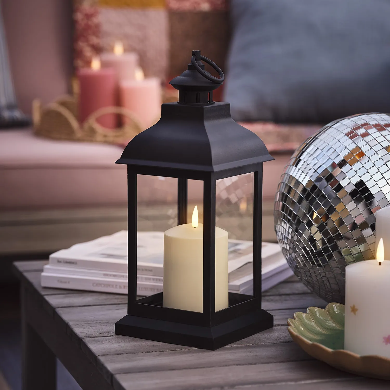 Rustic Lantern with LED Candle - Black, Wood image