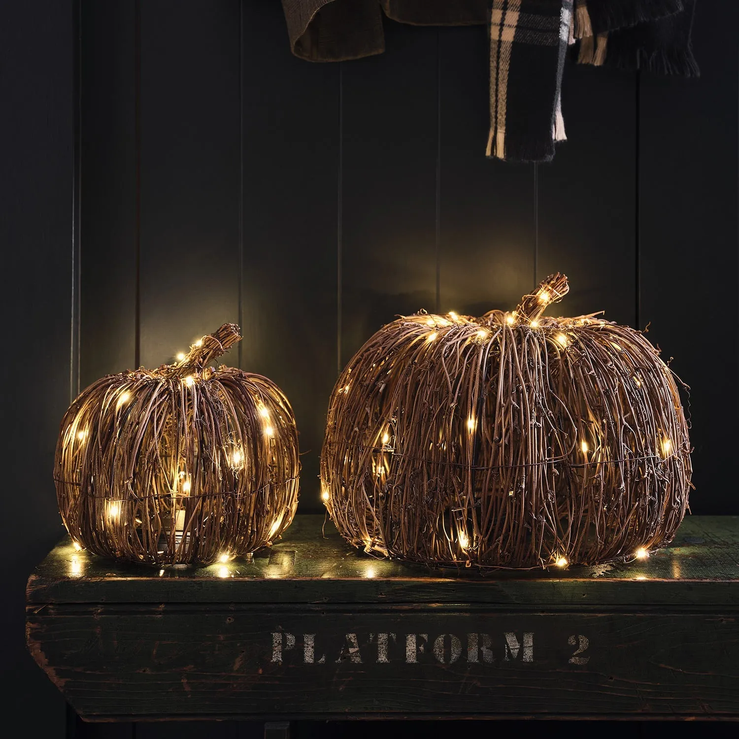 Set of 2 LED Pumpkin Lights - Warm White, Rattan