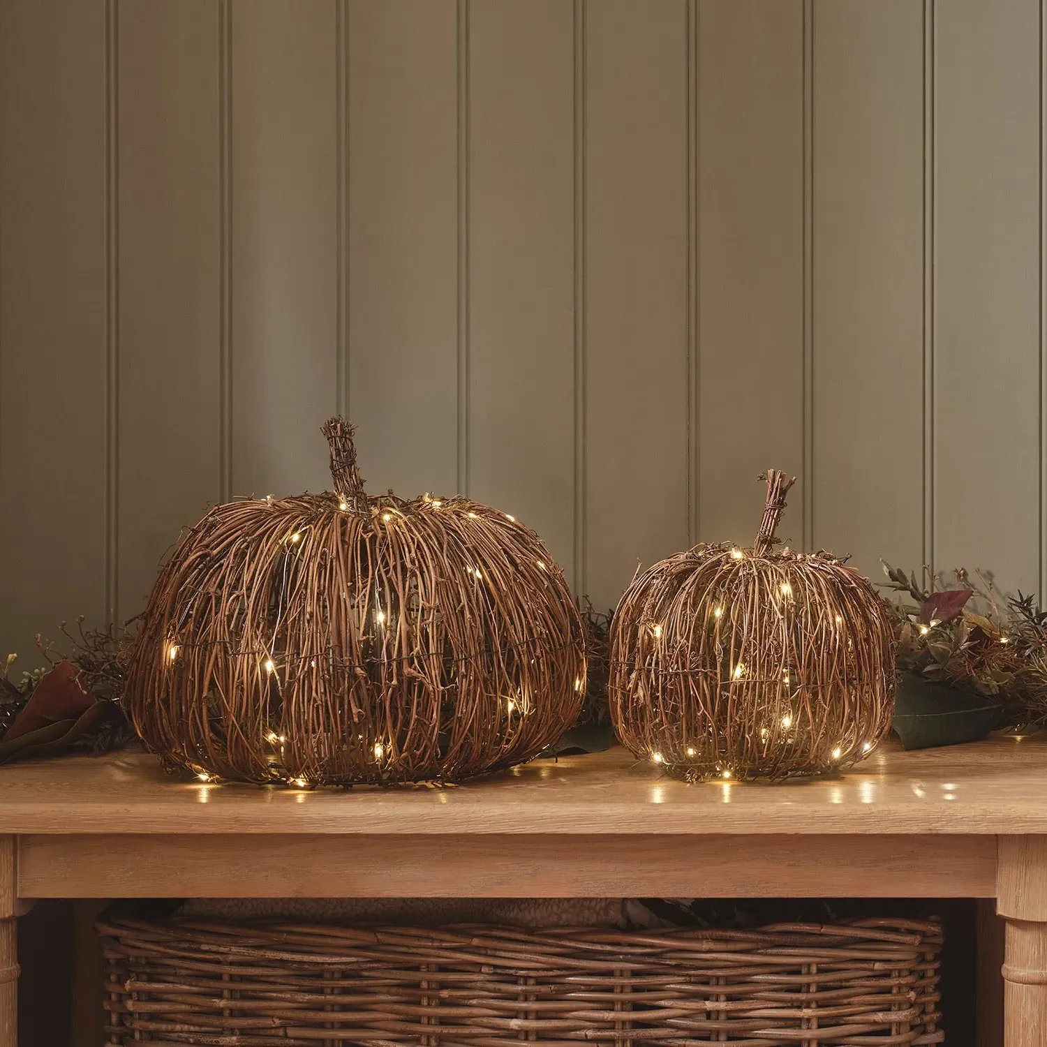 Set of 2 LED Pumpkin Lights - Warm White, Rattan image