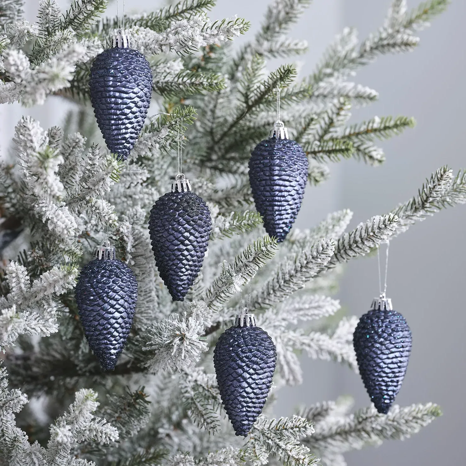 Set of 6 Pinecone Decorations - Dark Blue, Plastic